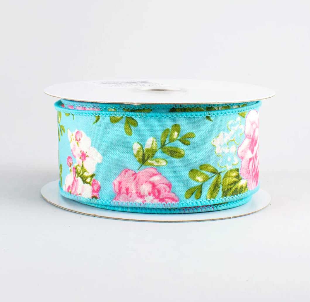 1 1/2" Rose Floral Wired Ribbon: Blue - 1 Yard