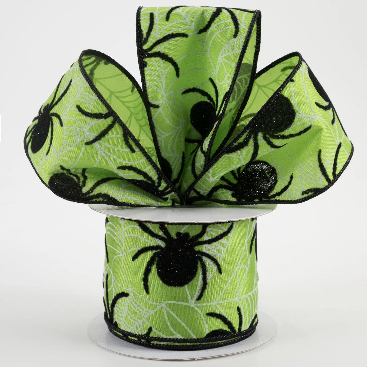 2 1/2" Satin Flocked Spider Wired Ribbon: Lime Green - 1 Yard