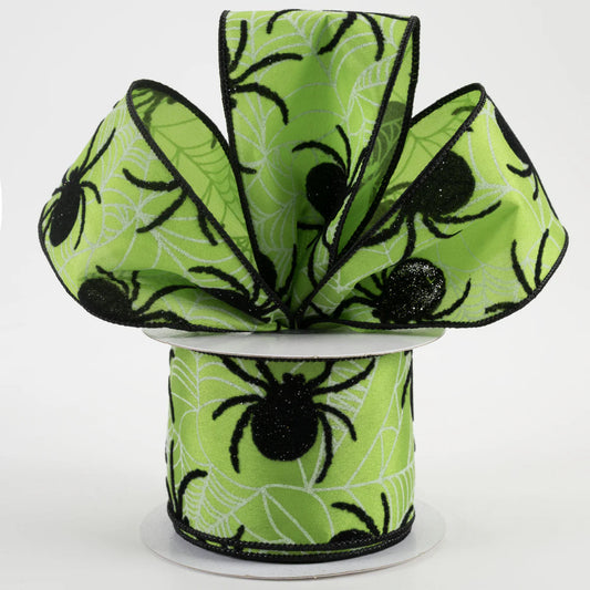 2 1/2" Satin Flocked Spider Wired Ribbon: Lime Green - 1 Yard
