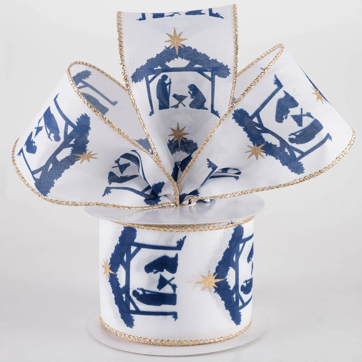 2 1/2" Nativity Creche Wired Ribbon: Navy on White