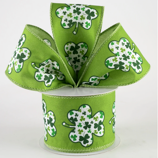 2 1/2" Satin Shamrock Filled Clover Wired Ribbon: Lime Green - 1 Yard