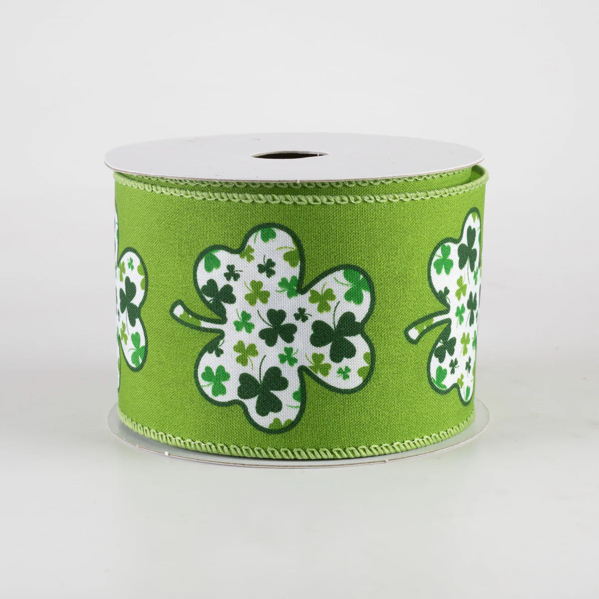 2 1/2" Satin Shamrock Filled Clover Wired Ribbon: Lime Green - 1 Yard