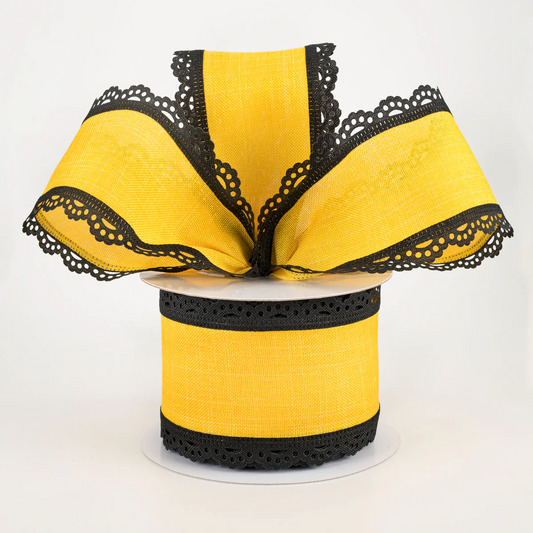 2 1/2" Scalloped Edge Wired Ribbon: Black & Sun Yellow - 1 Yard