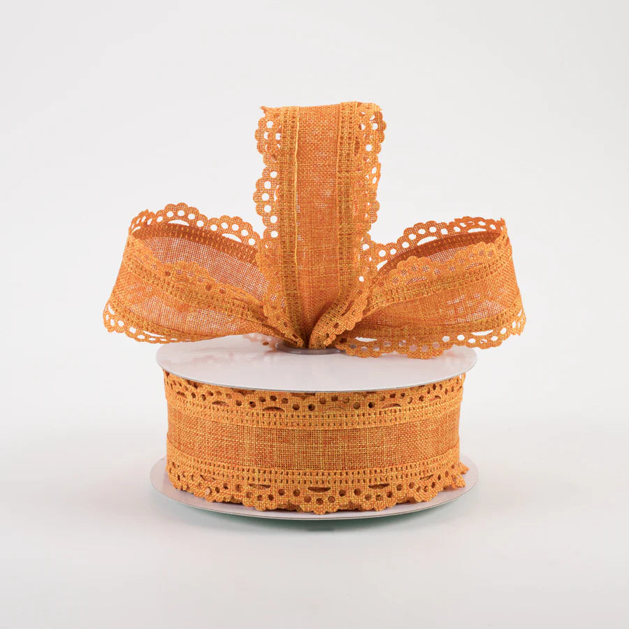 1 1/2" Scalloped Edge Wired Ribbon: Pumpkin Orange - 1 Yard