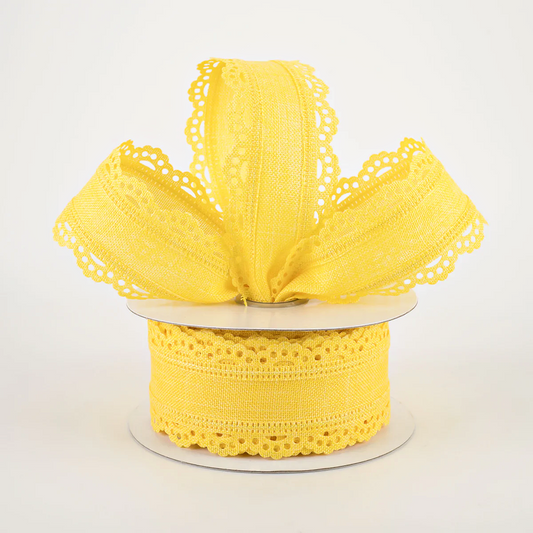 1 1/2" Scalloped Edge Wired Ribbon: Yellow - 1 Yard