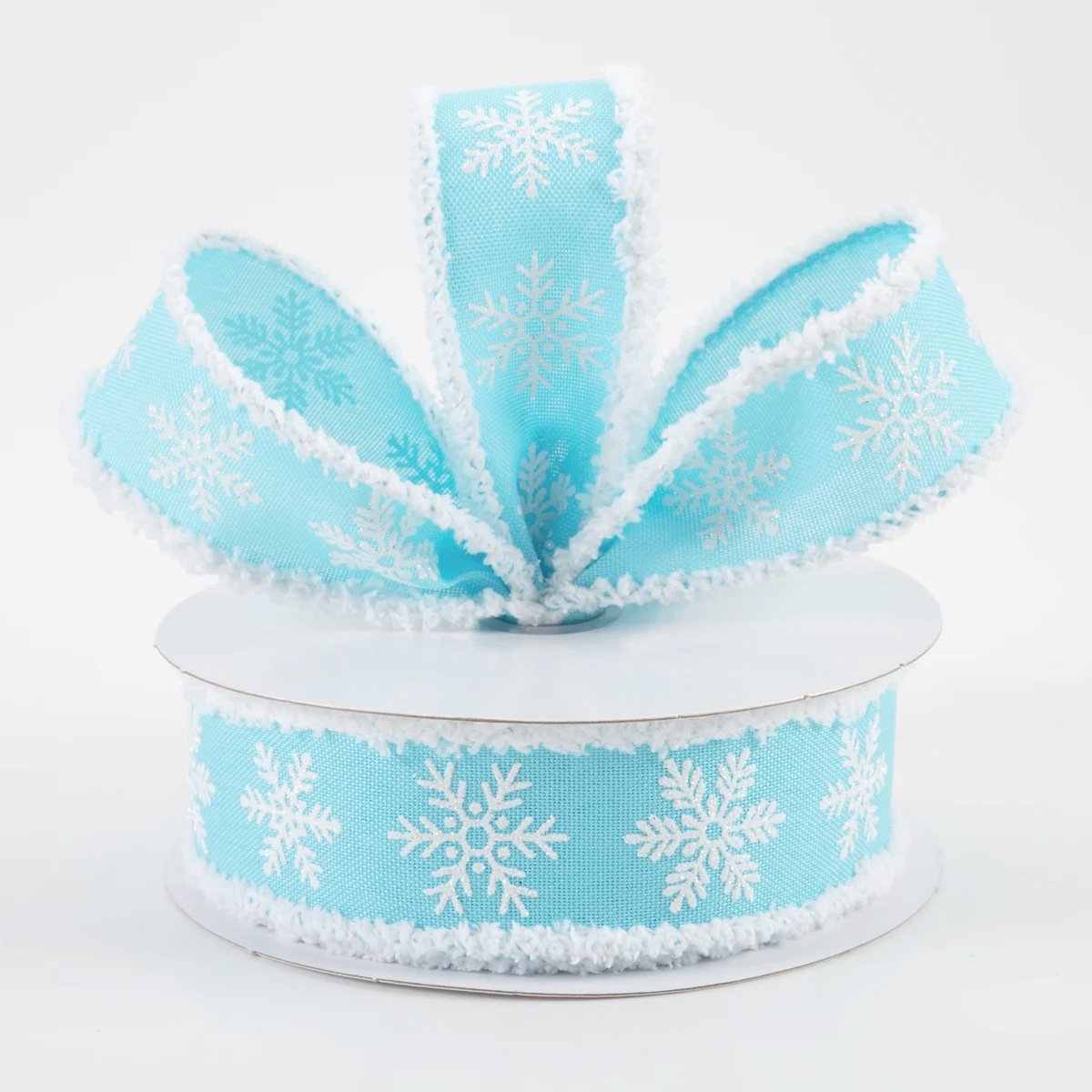 1 1/2" Snowflakes on Drift Fuzzy Edge Wired Ribbon: Blue - 1 Yard