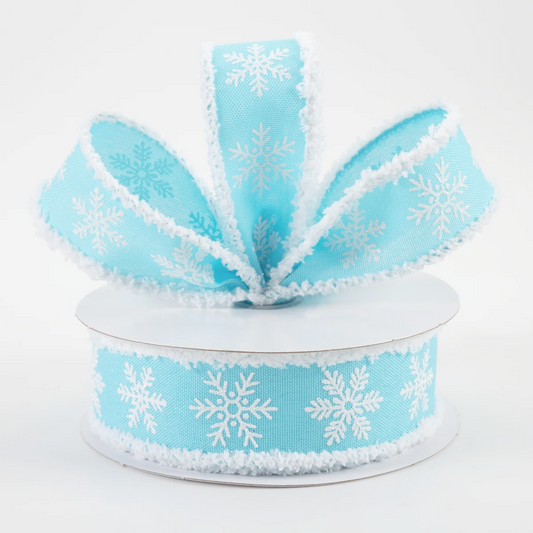 1 1/2" Snowflakes on Drift Fuzzy Edge Wired Ribbon: Blue - 1 Yard