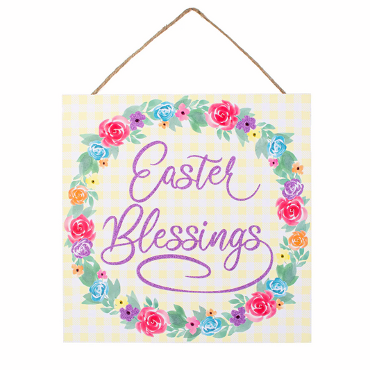 10" Square Wooden Sign: Easter Blessings Floral Wreath