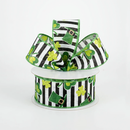 1 1/2" St. Patrick's Clovers & Hats Stripe Wired Ribbon - 1 Yard