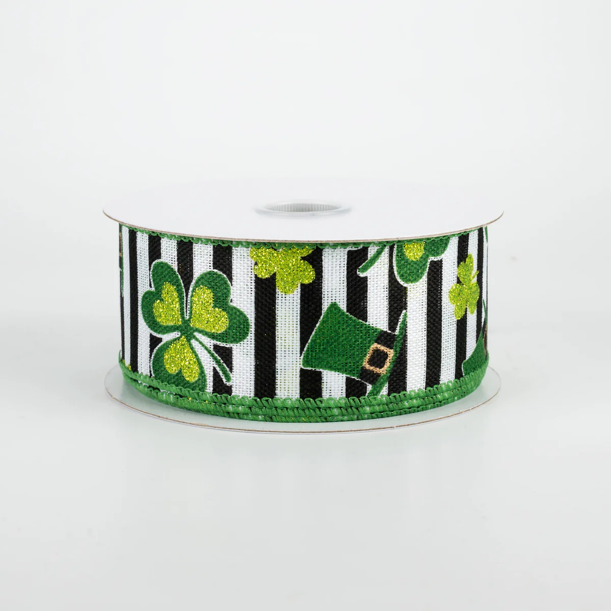 1 1/2" St. Patrick's Clovers & Hats Stripe Wired Ribbon - 1 Yard
