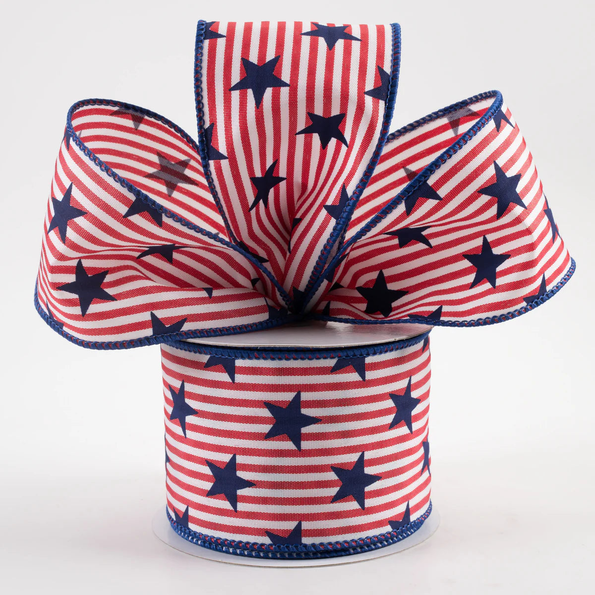 2 1/2" Stars on Woven Stripe Wired Ribbon: Red, White, Navy - 1 Yard