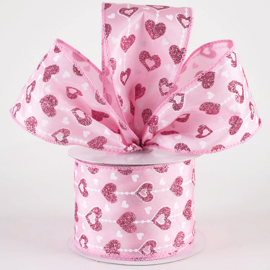 2 1/2" String Glitter Hearts Satin Wired Ribbon: Pink - 1 Yard