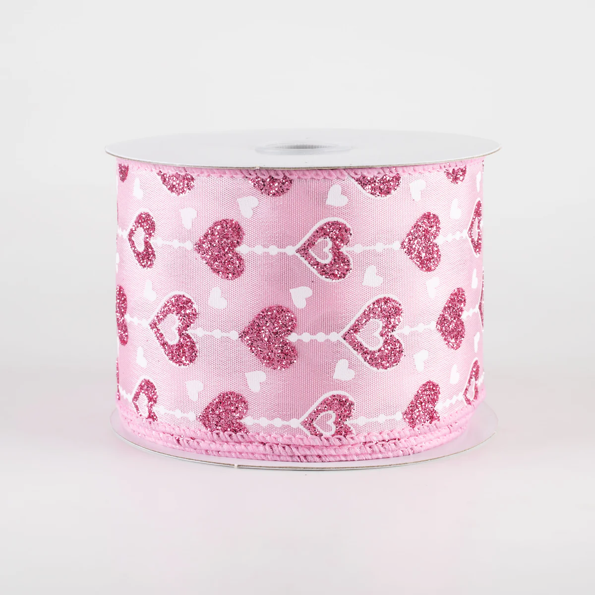 2 1/2" String Glitter Hearts Satin Wired Ribbon: Pink - 1 Yard