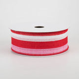 1 1/2" Stripe Wired Ribbon: White, Red, Pink - 1 Yard