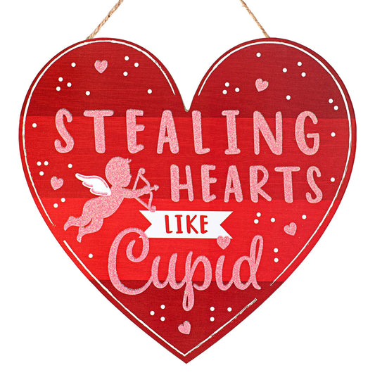 12" Wooden Heart Sign: Stealing Hearts Cupid Glitter