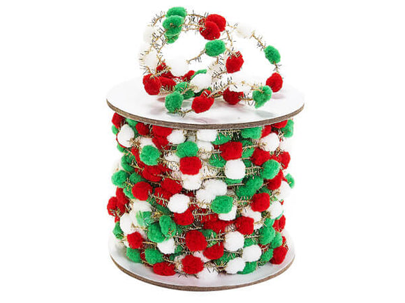 Pom Pom Wired Cord Trim- Christmas, Red, Green, & White- 1/2 inch ball - 1 Yard