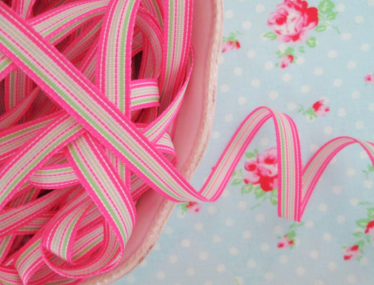 Striped Grosgrain Ribbon - Pink, Green & White - 3/8 inch - 1 Yard