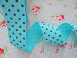 Polka Dot Grosgrain Ribbon -Turquoise with Brown Dots- 1 1/2 inch - 1 Yard