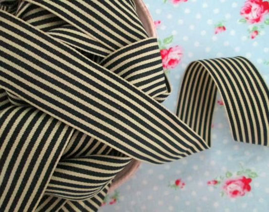 Striped Grosgrain Ribbon - Black and Ivory - 1 1/2 inch - 1 Yard