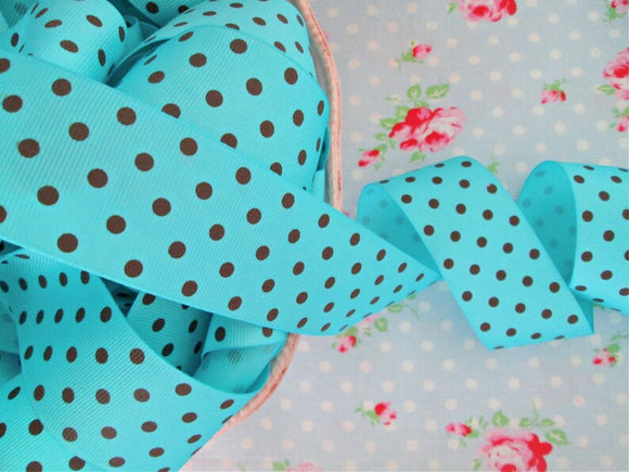 Polka Dot Grosgrain Ribbon -Turquoise with Brown Dots- 1 1/2 inch - 1 Yard