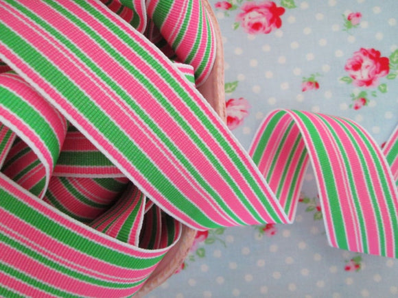 Striped Grosgrain Ribbon - Pink and Green - 1 1/2 inch - 1 Yard