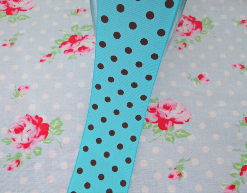 Polka Dot Grosgrain Ribbon -Turquoise with Brown Dots- 1 1/2 inch - 1 Yard