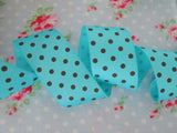 Polka Dot Grosgrain Ribbon -Turquoise with Brown Dots- 1 1/2 inch - 1 Yard