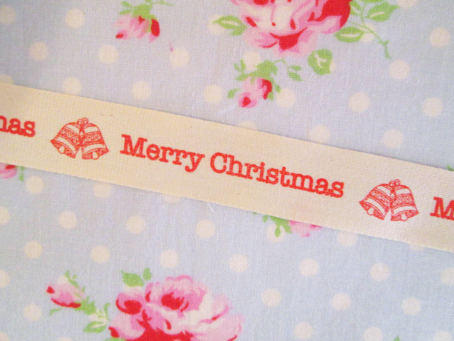 Merry Christmas with Bells Print Woven Edge Ribbon - 5/8 inch - 1 Yard