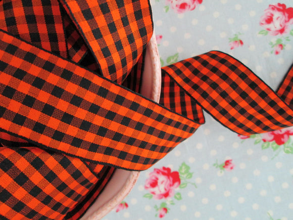 Checkered Ribbon with Woven Edge - Orange and Black - 1 1/2 Inch