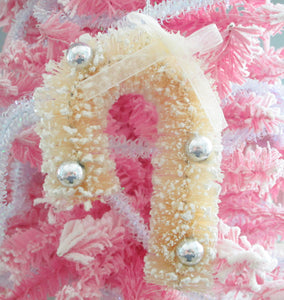 Ivory Frosted Bottle Brush Candy Cane Ornament