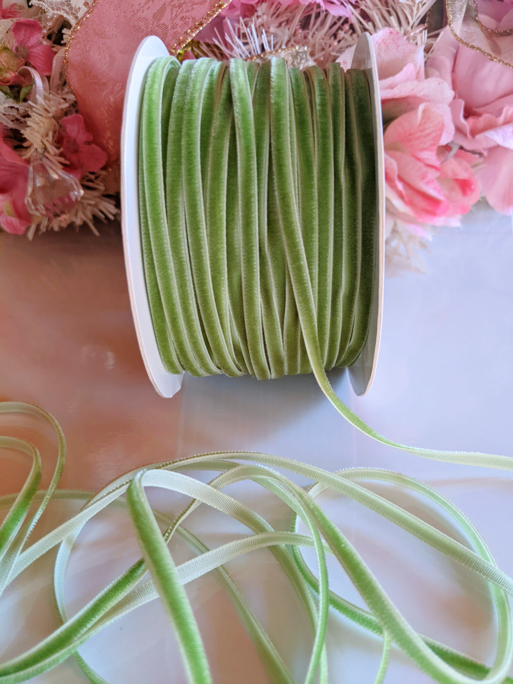Sweetgrass Ribbon Spring Green Velvet String Ribbon - 1/8 inch - 1 Yard - Sugar Pink Boutique