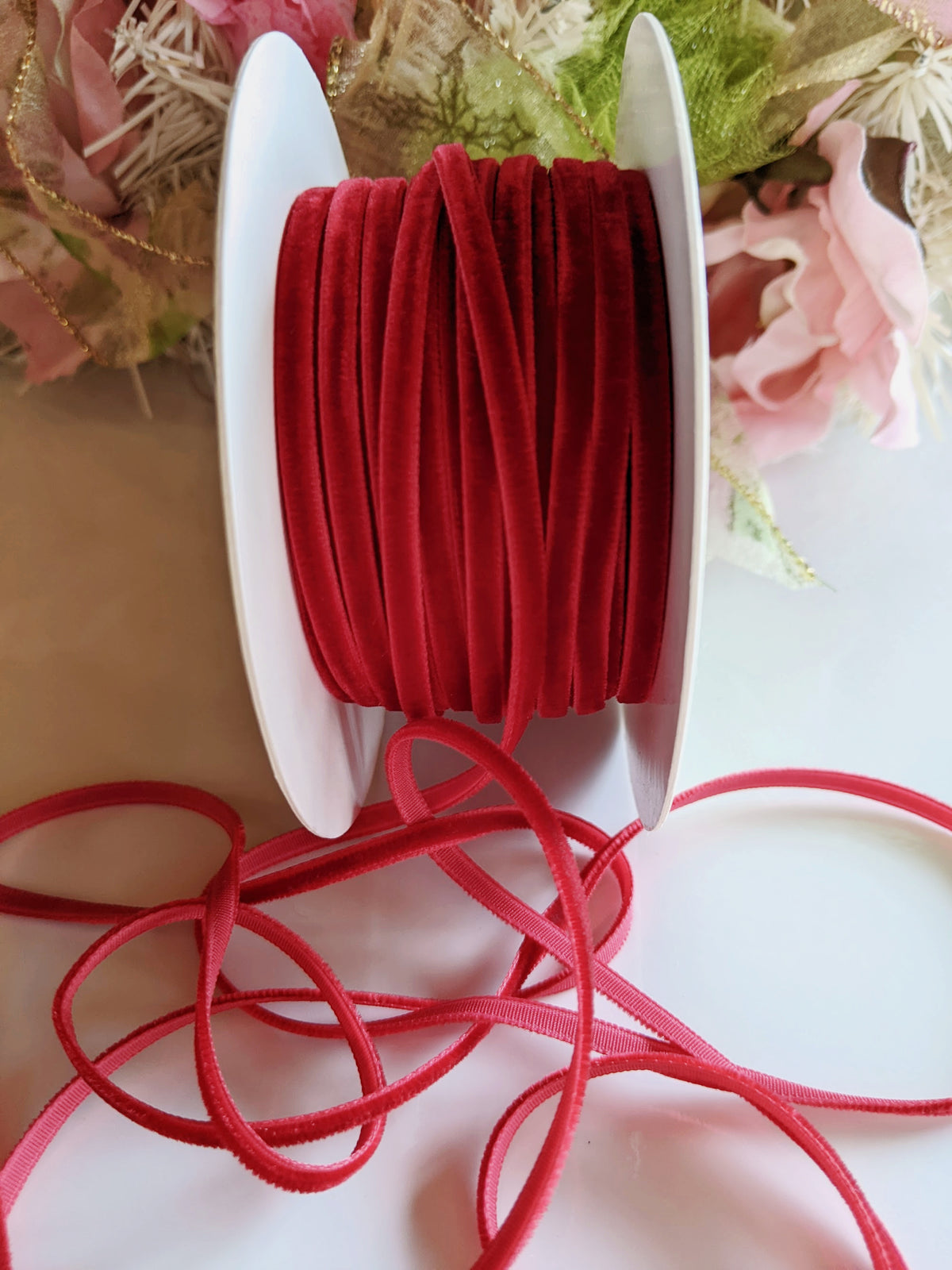 Red Ribbon Pull String Deep Red Velvet String Ribbon - 1/8 inch - 1 Yard - Sugar Pink Boutique