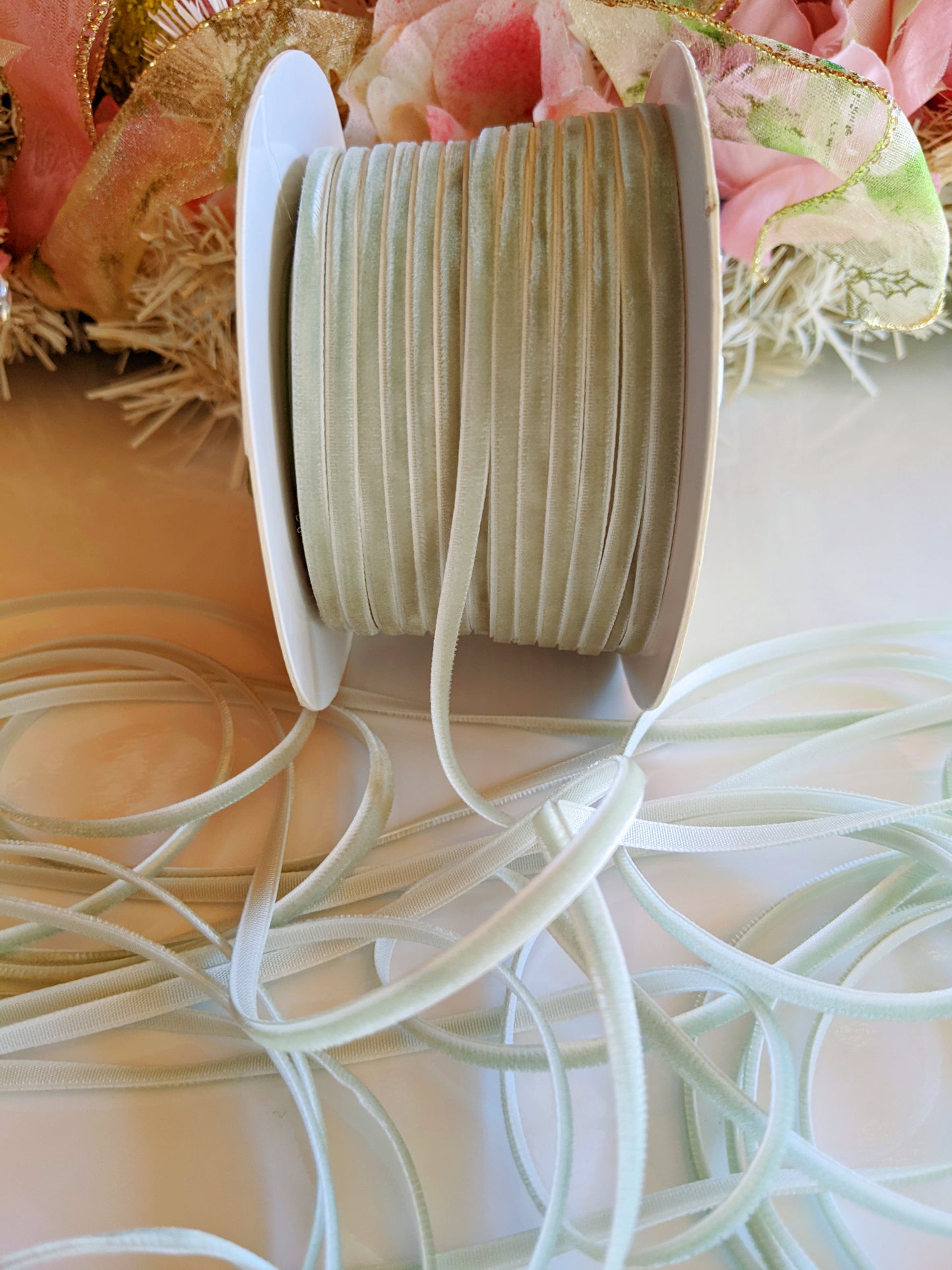 Jadeite Green Velvet String Ribbon - 1/8 inch - 1 Yard - Sugar Pink Boutique