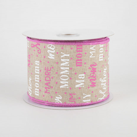 2 1/2" Mom Pattern Wired Ribbon: Light Natural, White, Pink - 1 Yard