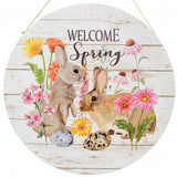 12" Metal Hanging Sign: Welcome Spring Rabbits and Eggs Wreath Decoration