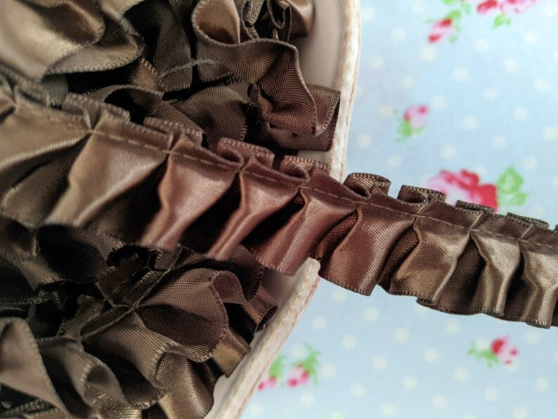 Ruffled Box Pleated Satin Ribbon/Trim - Brown - 7/8 inch - 1 Yard