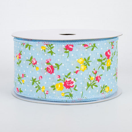 2 1/2" - Floral Swiss Dot Wired Ribbon: Powder Blue - 1 Yard