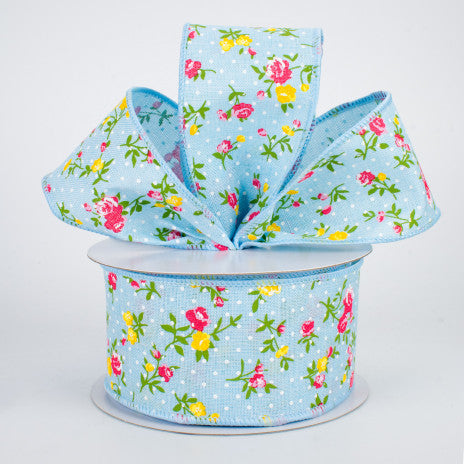 2 1/2" - Floral Swiss Dot Wired Ribbon: Powder Blue - 1 Yard