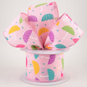 2 1/2" Spring Umbrellas Wired Ribbon: Pink - 1 Yard