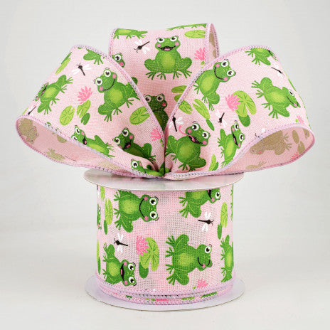 2 1/2" Frogs, Lily Pads, Dragon Flies Wired Ribbon: Pale Pink - 1 Yard