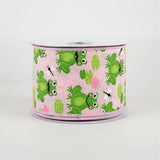 2 1/2" Frogs, Lily Pads, Dragon Flies Wired Ribbon: Pale Pink - 1 Yard