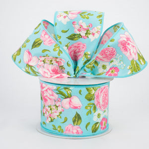 2 1/2" Rose Floral Wired Ribbon: Blue - 1 Yard