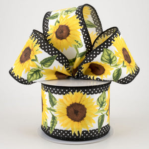 2 1/2" Sunflowers and Polka Dots Wired Ribbon - 1 Yard