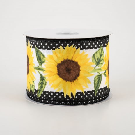 2 1/2" Sunflowers and Polka Dots Wired Ribbon - 1 Yard - Sugar Pink Boutique