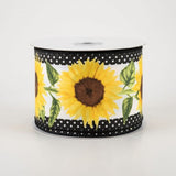 2 1/2" Sunflowers and Polka Dots Wired Ribbon - 1 Yard