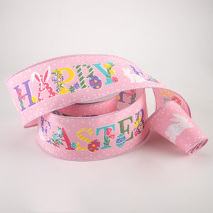 2 1/2" Glitter Happy Easter Wired Ribbon: Pale Pink - 1 Yard