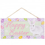 12" Wooden Sign: Happy Easter With Bunny Wreath Decoration