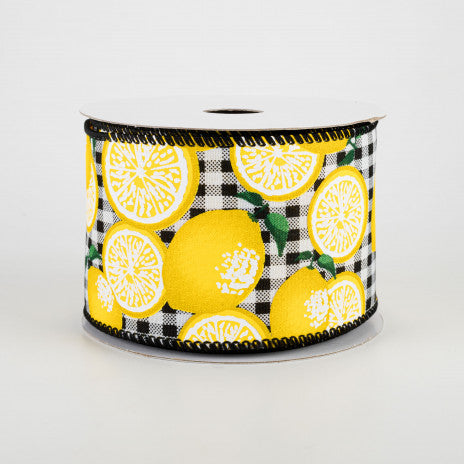 2 1/2" Gingham Lemons Wired Ribbon: Black - 1 Yard