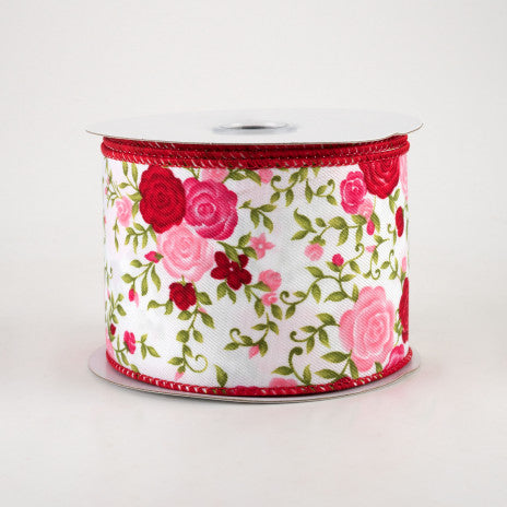 2 1/2" Mini Roses Wired Ribbon: Red & Pink - 1 Yard