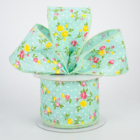 2 1/2" - Floral Swiss Dot Wired Ribbon: Mint Green - 1 Yard